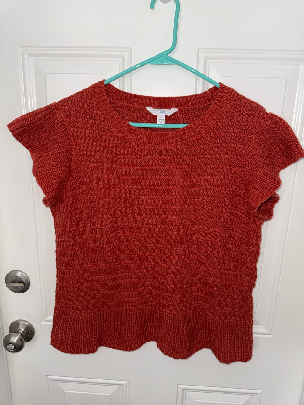 Time and Tru Ruffled Short Sleeve Knit Top - Rust Orange